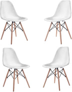 COSTWAY Dinning Chair Set of 4, Mid Century Modern Eiffel DSW Style Shell Molded Plastic Chair for Kitchen, Dining, Living Room, Bedroom, Lounge Side Chairs with Wood legs, White