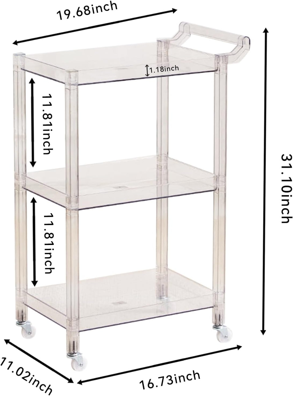 Acrylic Utility Rolling Cart, 3-Tier Clear Acrylic Storage Cart with Pulling Handle & 4 Wheels for Kitchen Living Room Dining Bathroom Laundry, Multifunction Serving Trolley for Small Spaces (Blue)