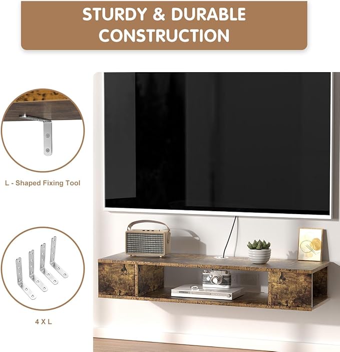 GHC Floating TV Stand, Wall Mounted Entertainment Center and Cabinet Shelf, TV Console with Storage, Media Console for DVD Player, Space-Saving Under TV Shelf for Bedroom (Rustic Brown)