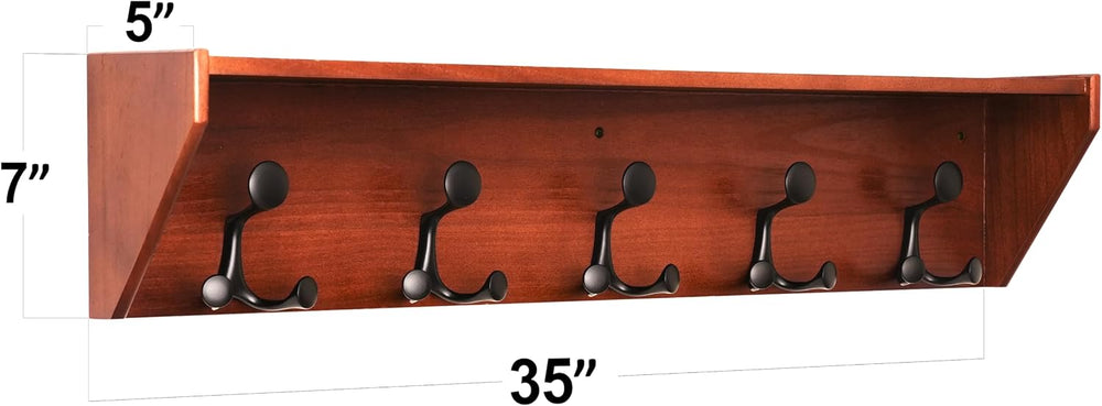 SKOLOO Wall Shelf with Hooks, 35-Inch Cherry Coat Rack Wall Mount with Shelf ...