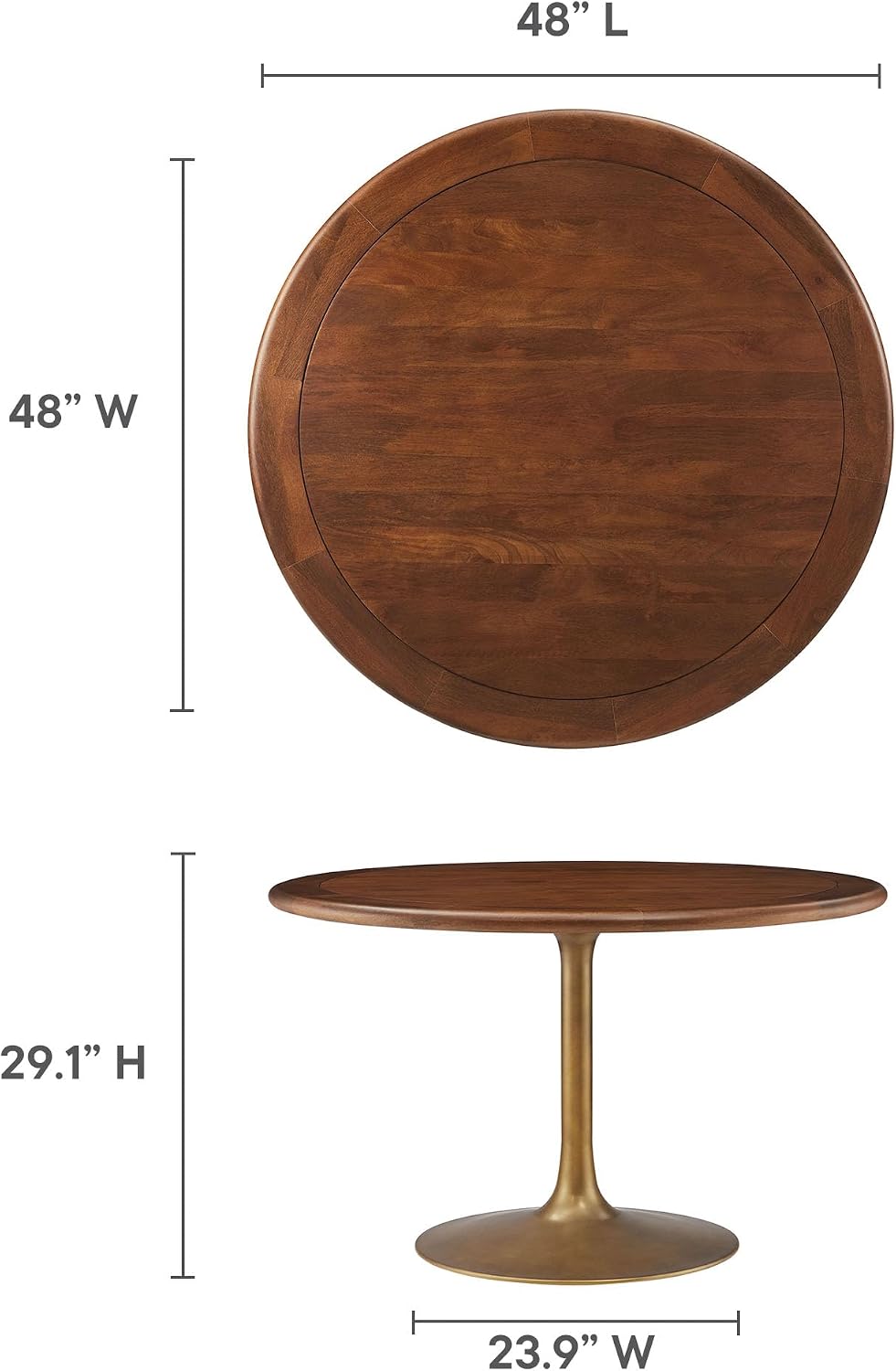 Modway Lippa 48 Inch Round Wood Dining Table with Metal Pedestal in Brass Wal...