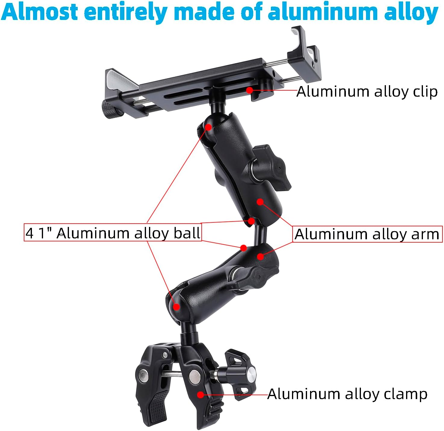 Aluminum Dual Arm Tablet Mount with Super Clamp for Rails 0.5'' to 2'' in Diameter, Side Mount Tablet Holder for Mic Stand, Compatible with iPad Pro 12.9 Air Mini, Galaxy Tab, 4.7-12.9" Tablets