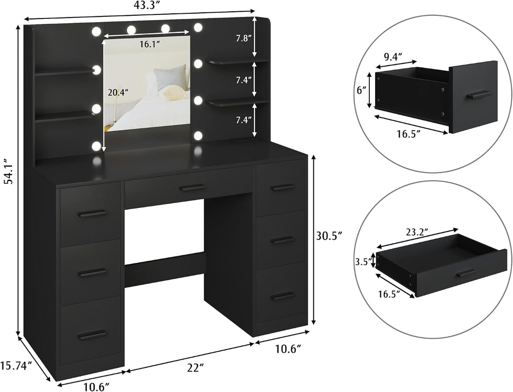 YESHOMY Vanity Desk with Mirror, Outlet, 10 Lights & 7 Drawers,Black | Li...