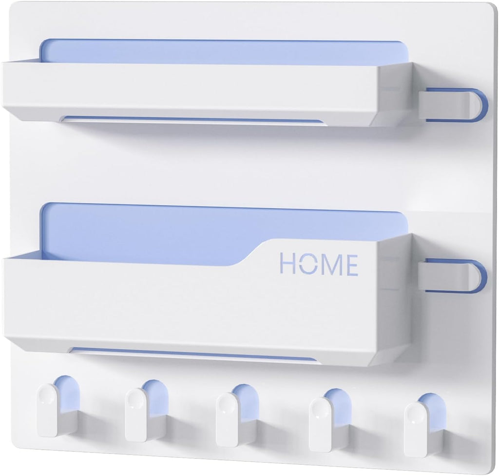Bedside Shelf Wall Mount, Adhesive Bedside Shelf Accessories Organizer with Hooks and Cable Clips,Dorm Bedside Wall Storage for Phone, Remote, Earphone, Kindle,Plastic (5 Hooks Style)