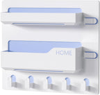 Bedside Shelf Wall Mount, Adhesive Bedside Shelf Accessories Organizer with Hooks and Cable Clips,Dorm Bedside Wall Storage for Phone, Remote, Earphone, Kindle,Plastic (5 Hooks Style)