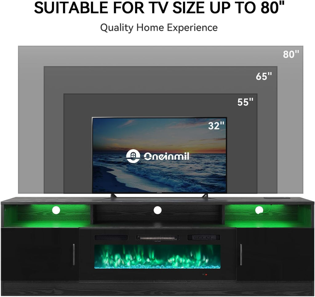 oneinmil 70 Inch Electric Fireplace TV Stand with Power Outlets, Modern Entertainment Center with LED Lights & Storage Cabinets for 80 Inch TVs, Media Console Table for Living Room, Black