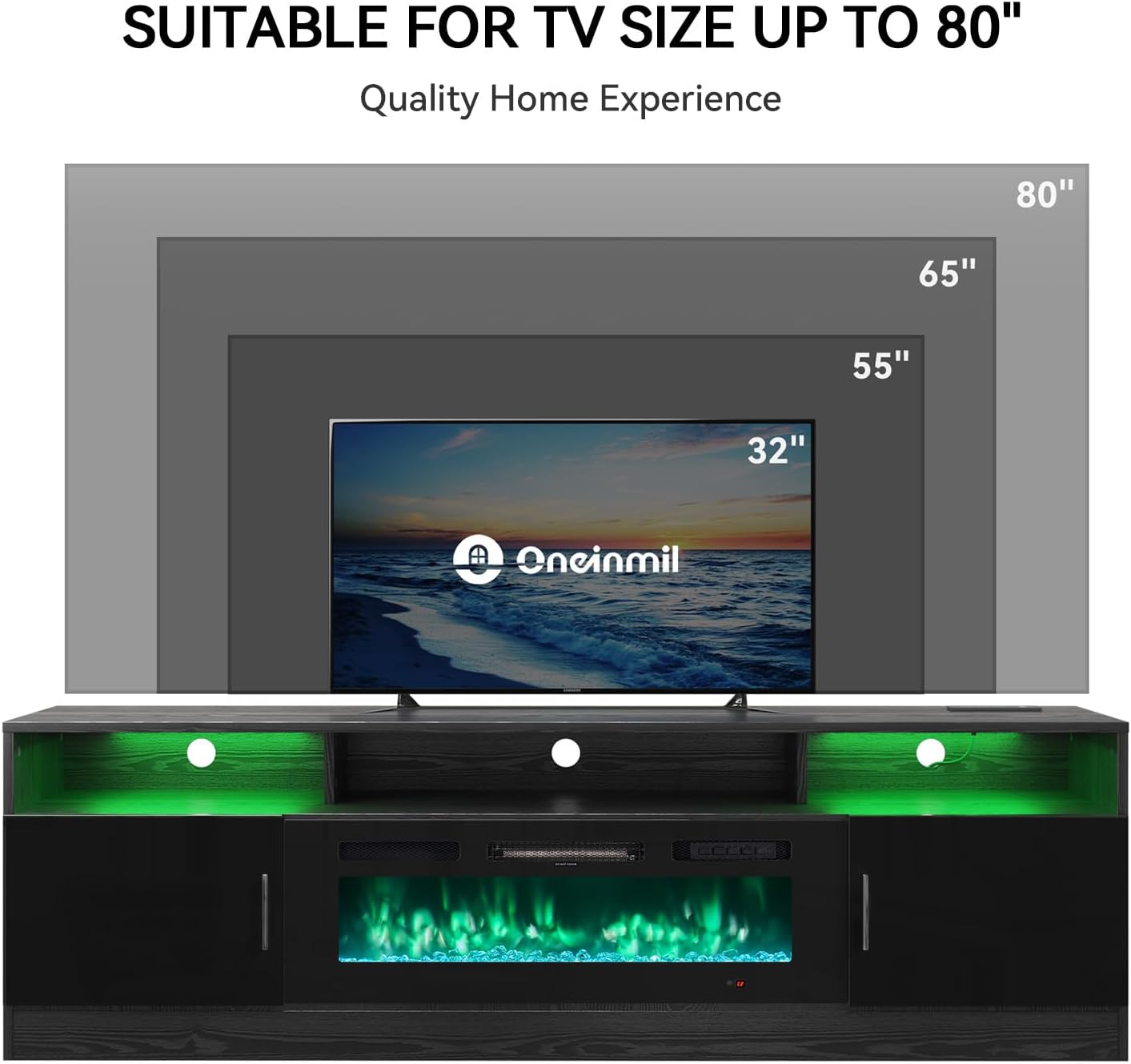 oneinmil 70 Inch Electric Fireplace TV Stand with Power Outlets, Modern Entertainment Center with LED Lights & Storage Cabinets for 80 Inch TVs, Media Console Table for Living Room, Black