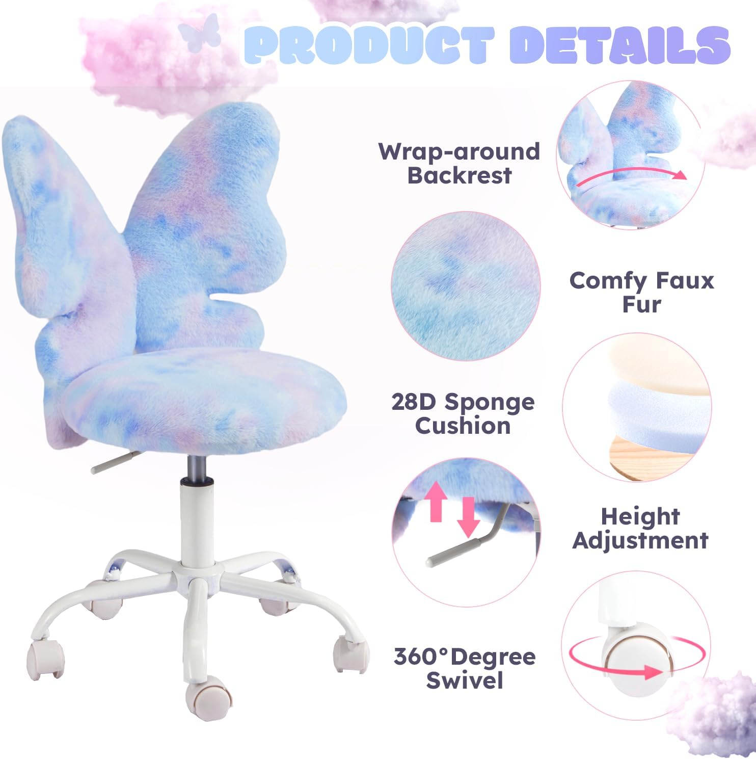 HOMREST Chair with Wheels,Cute Fluffy Desk Chair for Girls with Butterfly Back,Adjustable Seat Height, Faux Fur Swivel Vanity Chairs for Children Bedroom & Reading Room, Study/Vanity,Colorful Blue
