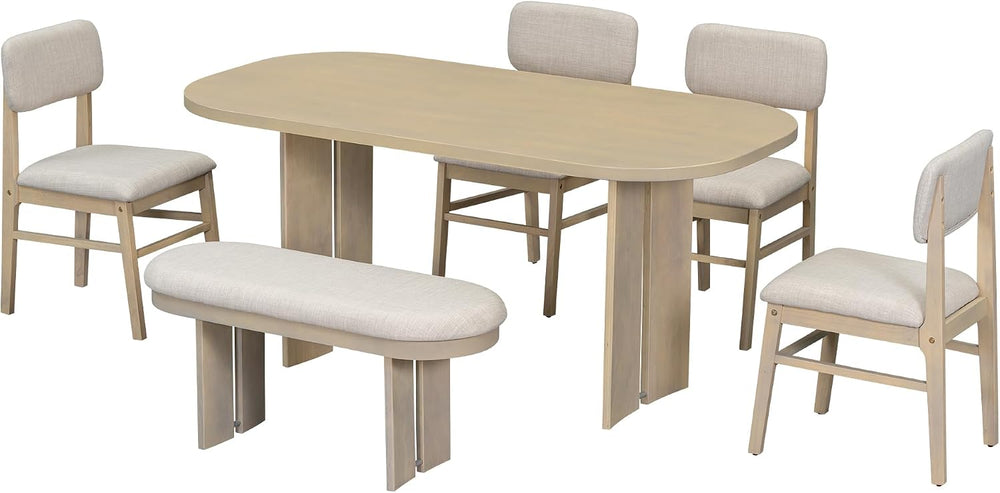 6 Pieces Wood Dining Table Set with Bench, Farmhouse Rectangular Table with 4...