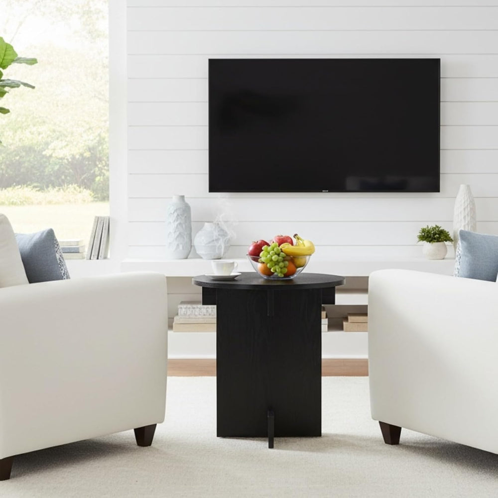Ya-Home Black Round Side Table, Modern Accent Coffee Table End Table with Woo...