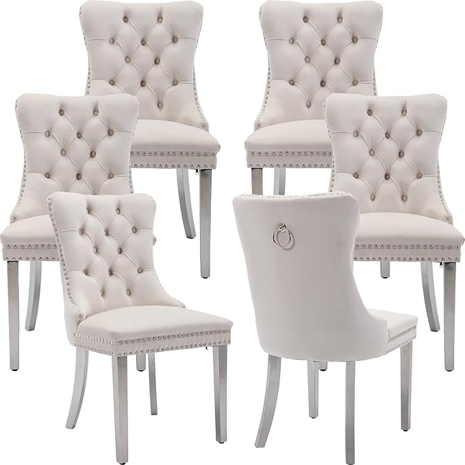 Mid Century Modern Dining Chairs Set of 6, Beige Velvet Upholstered Tufted Back, Kitchen & Dining Room Chairs, Brushed Silver Metal Legs, Nailhead Trim, Sillas para Comedor (Beige, 6 Pcs)