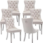 Mid Century Modern Dining Chairs Set of 6, Beige Velvet Upholstered Tufted Back, Kitchen & Dining Room Chairs, Brushed Silver Metal Legs, Nailhead Trim, Sillas para Comedor (Beige, 6 Pcs)