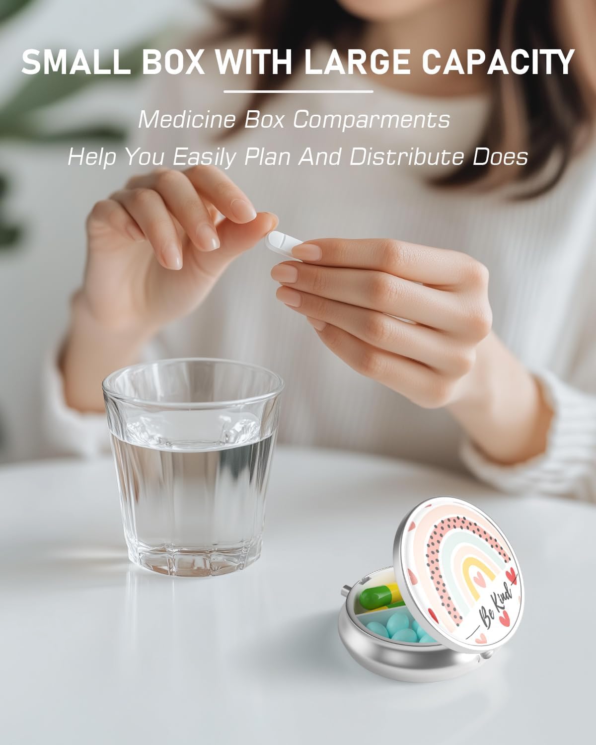 Pill Box, 3 Compartment Portable Travel Medicine Box with Mirror, Compact and Cute, Fits in Purse and Pocket, Medicine and Vitamin Organizer (Rainbow)