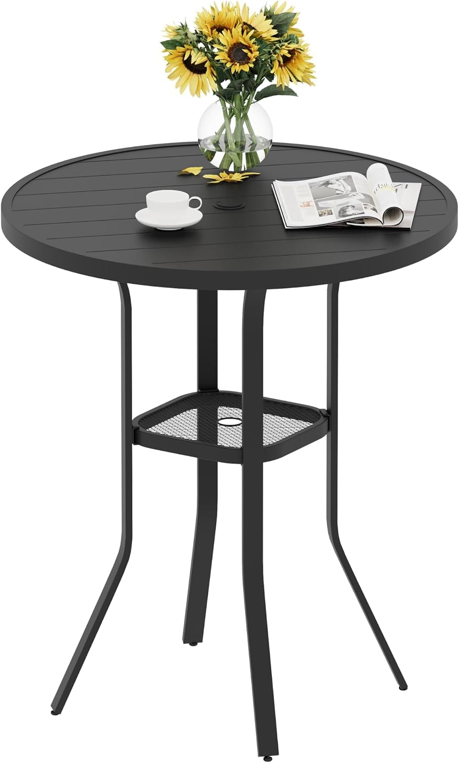 VICLLAX Patio Bar Height Table, Outdoor Round Bar Table with Umbrella Hole for Balcony, Porch, Deck, 37" Black