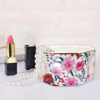 Ceramic Paper Clip Holder Gold Line Paper Clip Dispenser Organizer for Desk Cute Floral Pattern Office Binder Clip Holder Bobby Pin and Hair Clip Holder Gift for Office (White Pink)