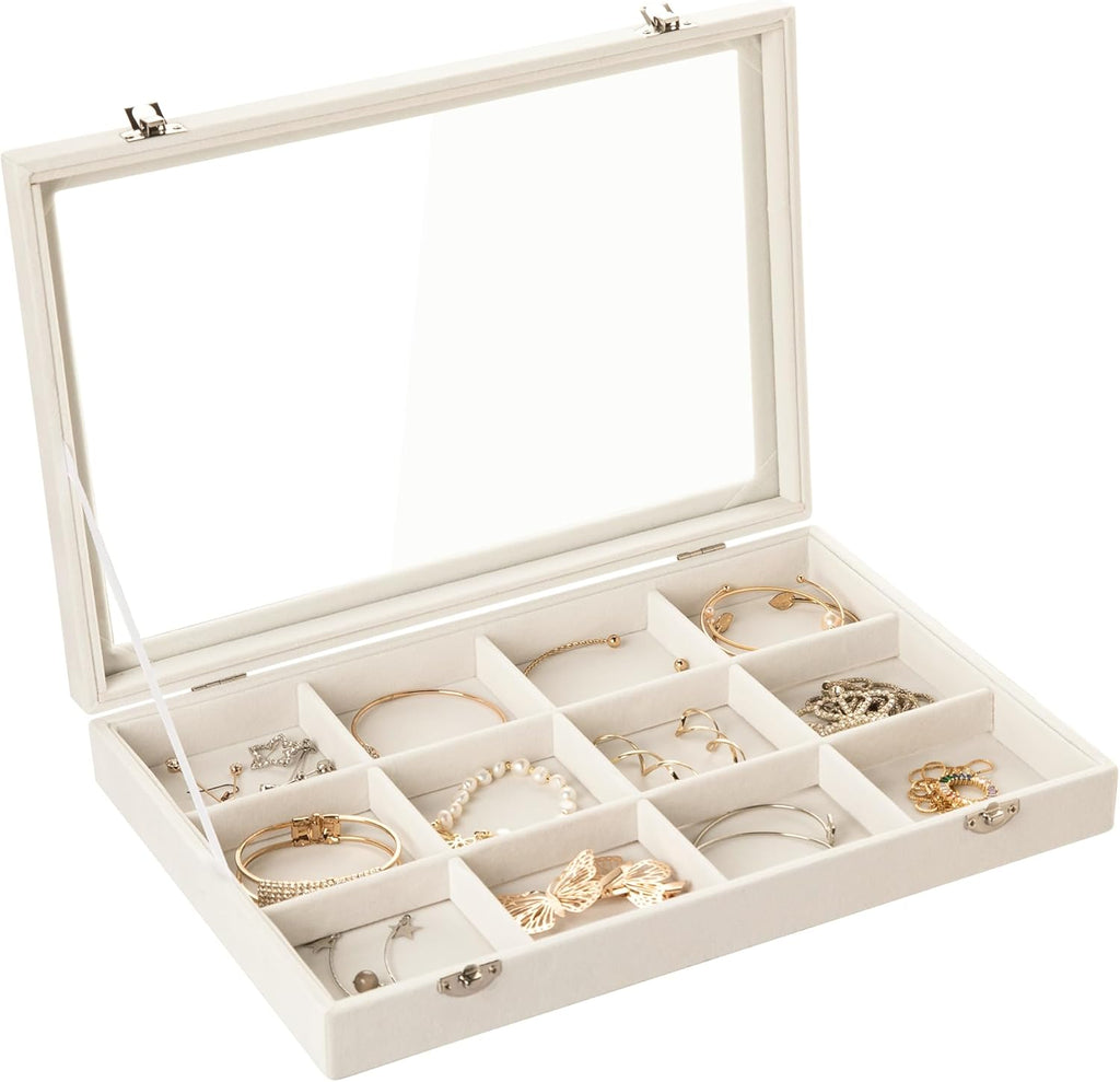 Frebeauty Velvet Jewelry Tray,12 Grid Jewelry Organizer with Clear Lid,Bracelets Holder,Jewelry Display Case with Clasp,Drawer Insert Bangle Brooch,13.8 x 9.5 x 2 Inches,Gift for Women Girls(Beige)