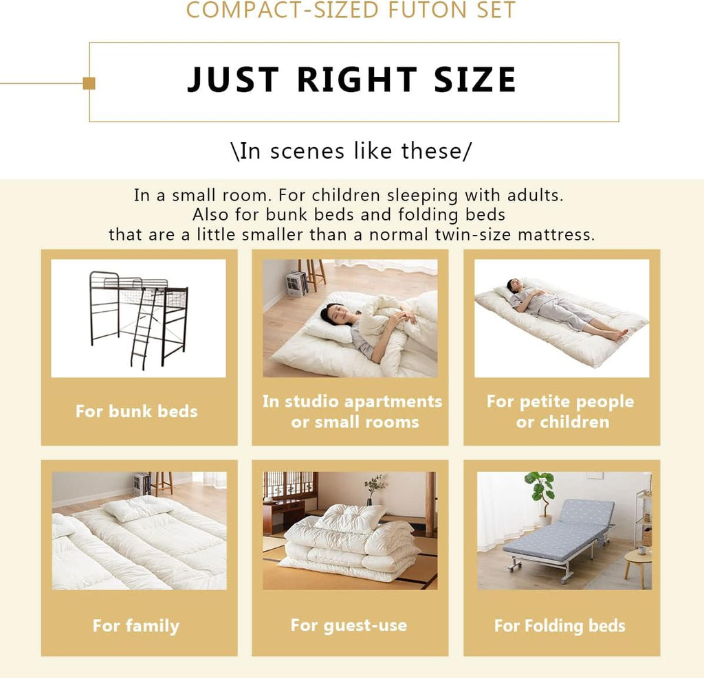 EMOOR Space-Saving Japanese Futon Set (Futon Mattress, Comforter & Pillow) Compact-Twin, Made in Japan, Foldable Floor Sleeping Mattress Shikibuton Tatami Mat Camp Guest-Use