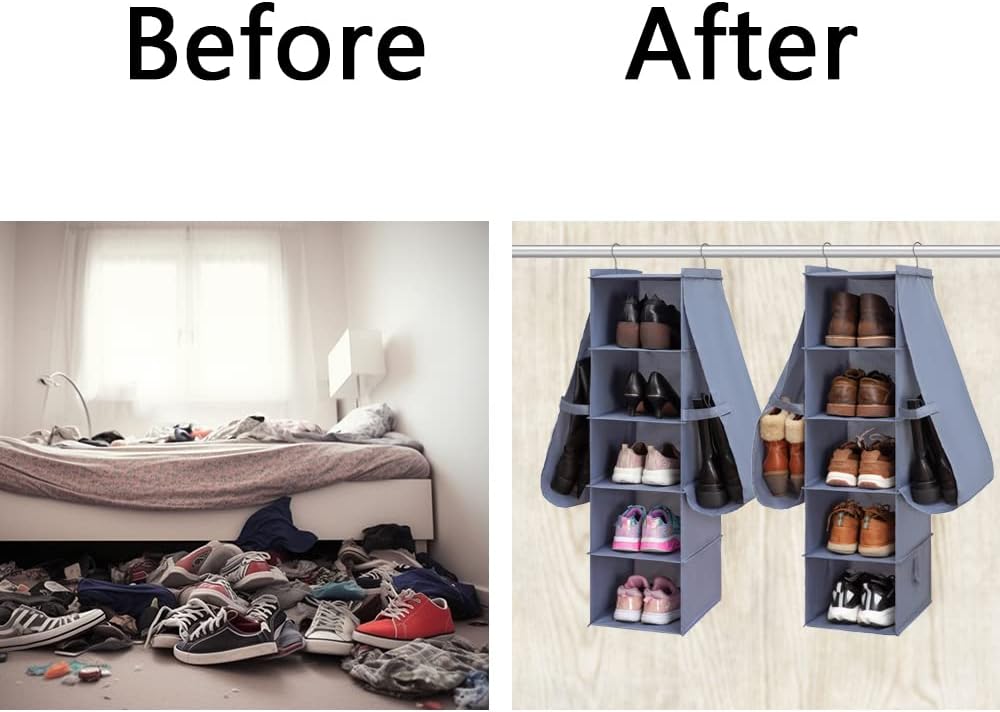 Hanging Shoe Organizer for Closet Footwear Boots Storage Shelf | Hang Closet Organization Storing Shelves Rack Display Shoes Boots Clothes 10-Shelf 4 Pockets Space Saver Oxford Cloth 2 Pack