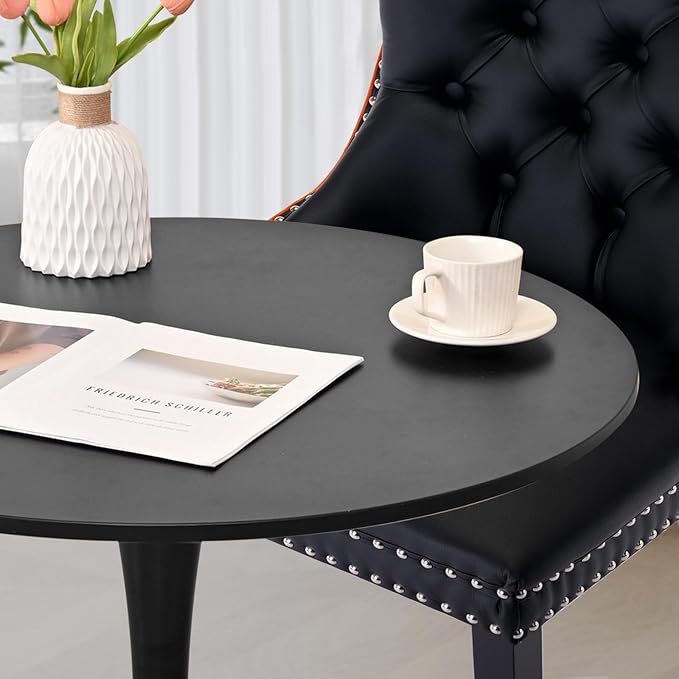 3-Pieces 31.5" Round Dining Table Set for 2, Black Dining Table & PU & Velvet Upholstered Dining Chairs Set of 2 for Kitchen Dining Room Apartment Small Space(Black & Orange Chairs)