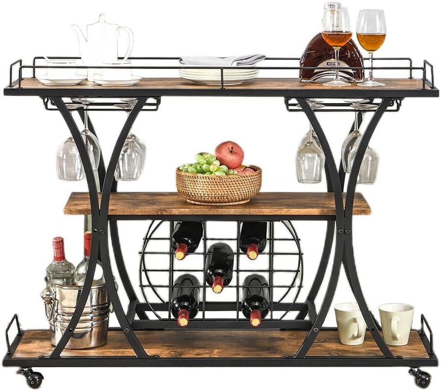 TQVAI Wooden Bar Cart with Wine Rack and Glass Holder, 3-Tier Rolling Bar Ser...