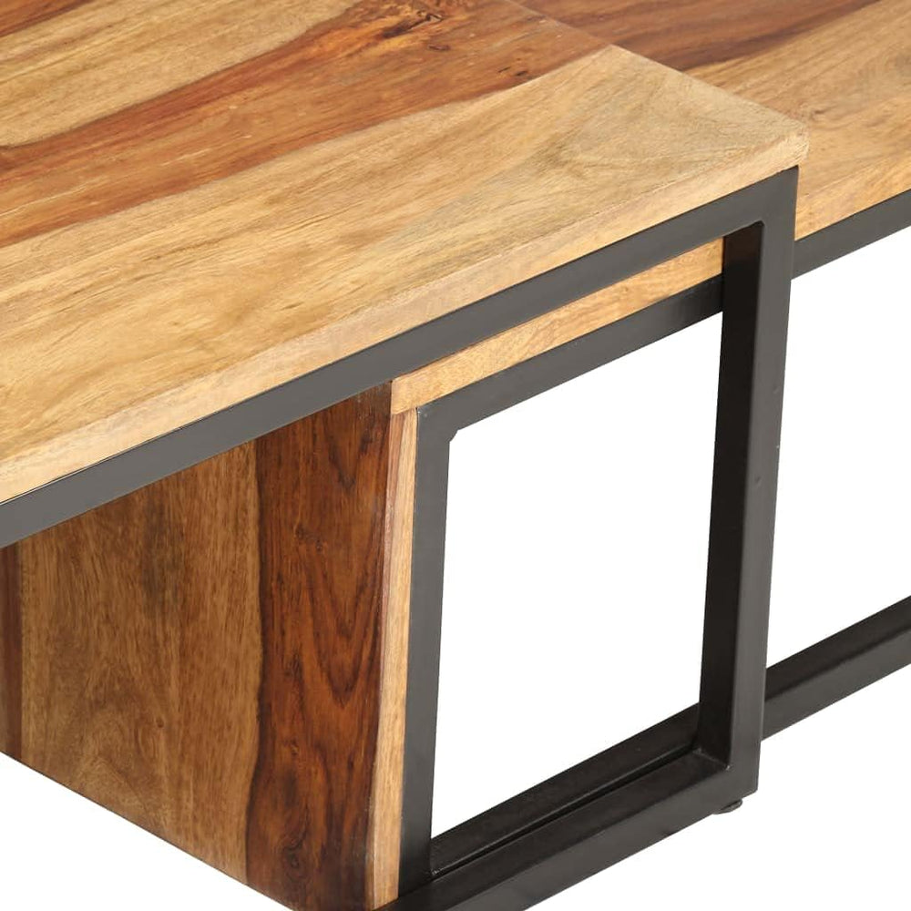 Nesting Tables 2 pcs Solid Acacia Wood | Powder Coated Steel Frame, Stackable...
