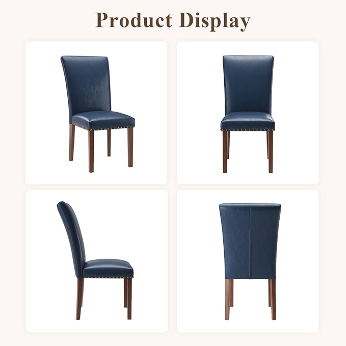 Stylish Dining Chairs Set of 6, Upholstered Parsons Dining Room Chair with Nailhead Trim, Kitchen Room Chair with Thick Cushions and Wood Legs, Nailhead Trim, Blue Leather