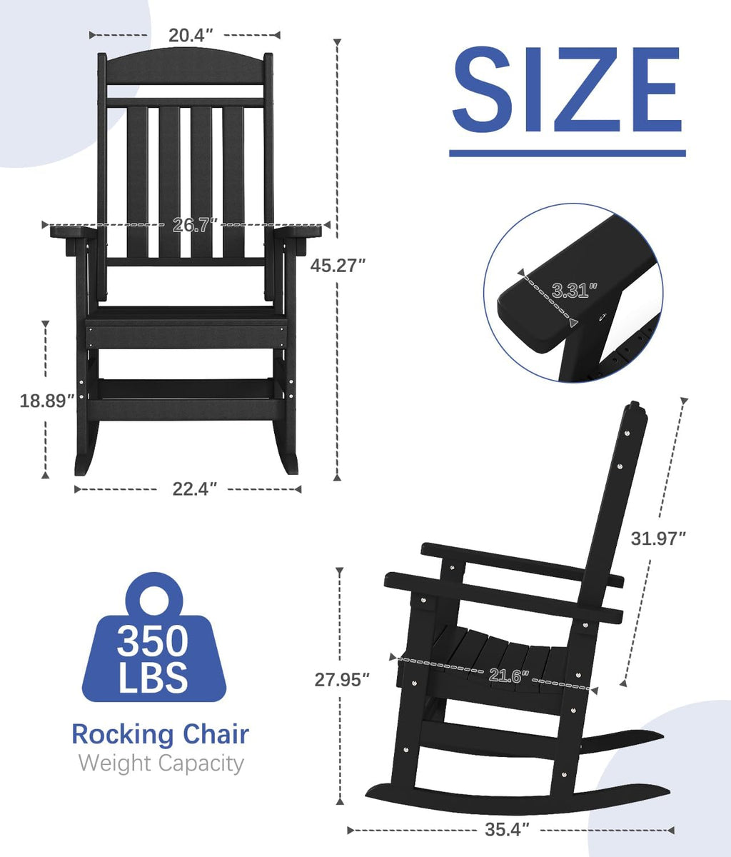 Outdoor Rocking Chair Set of 3, Oversized Rocking Chair Outdoor | HDPE All Weather Resistant High Back Patio Rocker for Porch, Patio, Garden,350 lbs Capacity, Black
