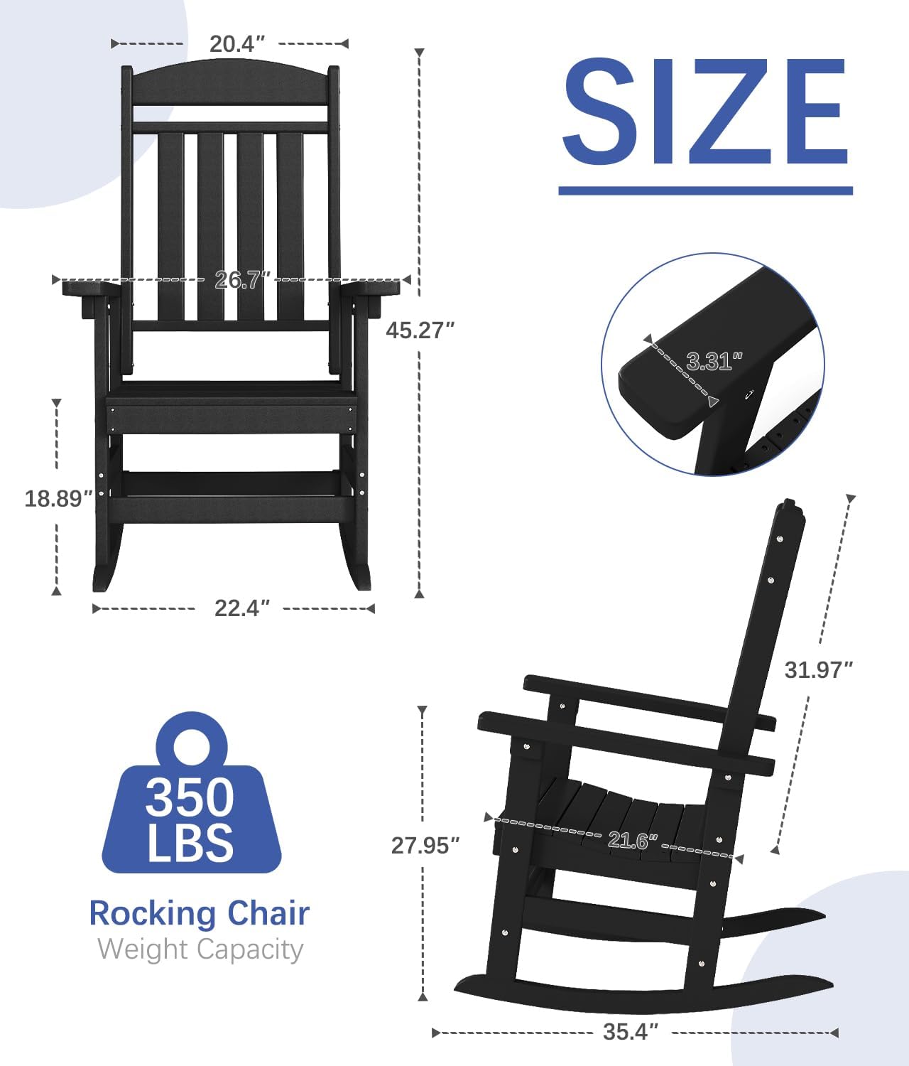 Outdoor Rocking Chair Set of 3, Oversized Rocking Chair Outdoor | HDPE All Weather Resistant High Back Patio Rocker for Porch, Patio, Garden,350 lbs Capacity, Black