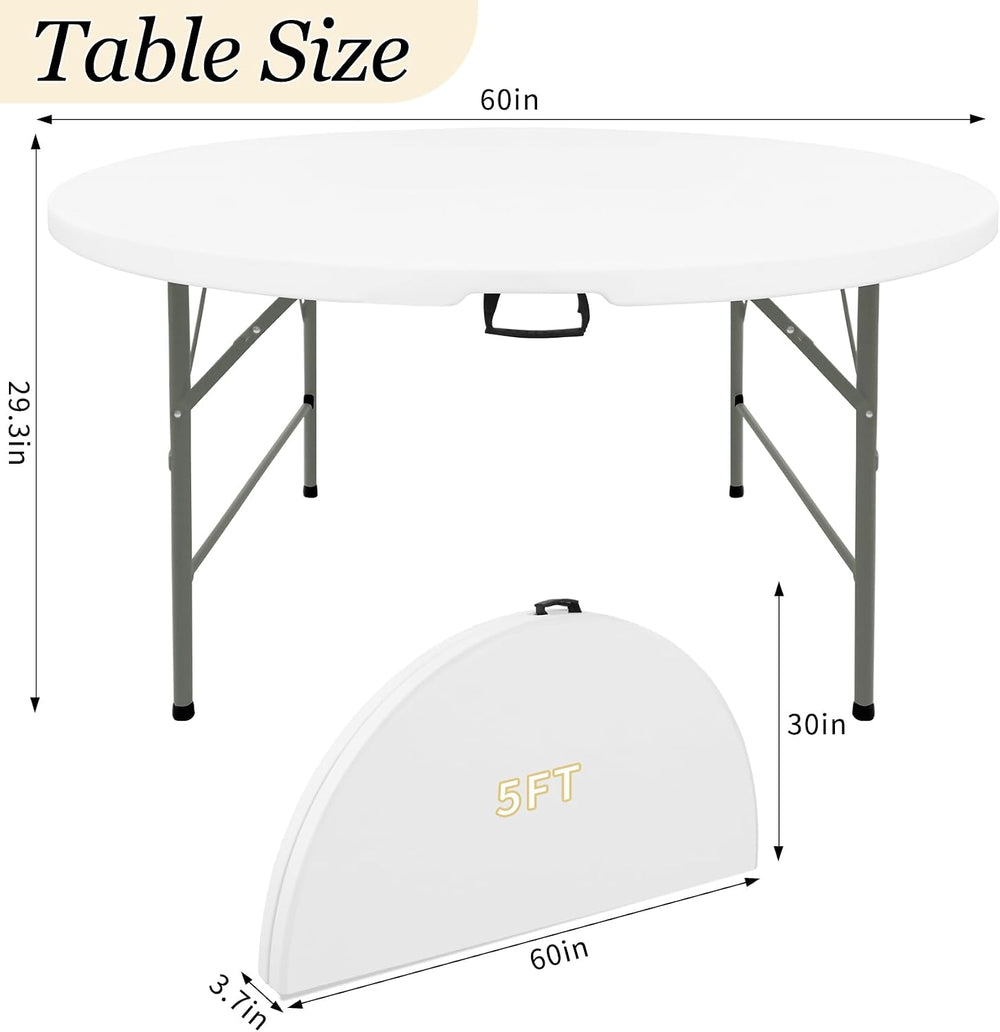 HAISIWLKJ 5FT Round Folding Table White Fold-in-Half with Carrying Handle Por...