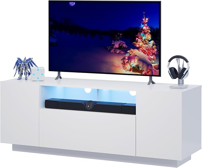 WLIVE TV Stand with LED Lights & Large Storage Cabinet, Modern Entertainment Center for 32/43/50/55 Inch TVs, Sturdy Media Console for Living Room, Bedroom, Gaming, White
