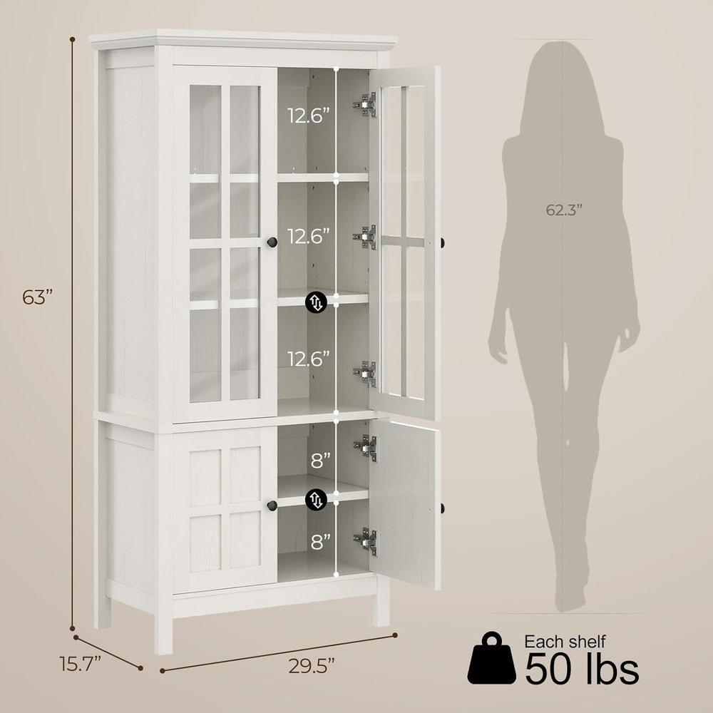 63" Kitchen Pantry Cabinet with Glass Doors & Hidden Storage, Farmho...