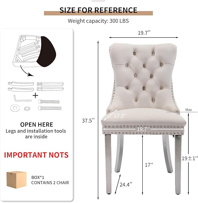 Mid Century Modern Dining Chairs Set of 2, Beige Velvet Upholstered Tufted Ba...