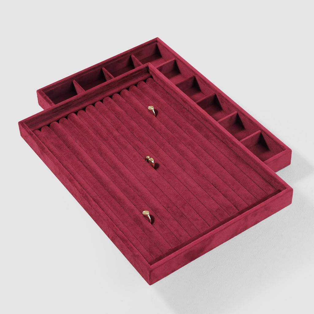 Velvet Ring Display Tray, Stackable Muilt Slot Rings Ear Stud Storage Tray, Drawer Insert Jewelry Accessories Organizers Plate (Red)