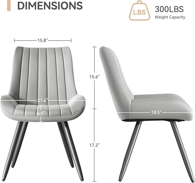 Dining Chairs Set of 2, Mid Century Modern Kitchen Chairs with Soft Cushion, Comfortable Upholstered Fabric Dining Room Chairs for Kitchen, Light Grey