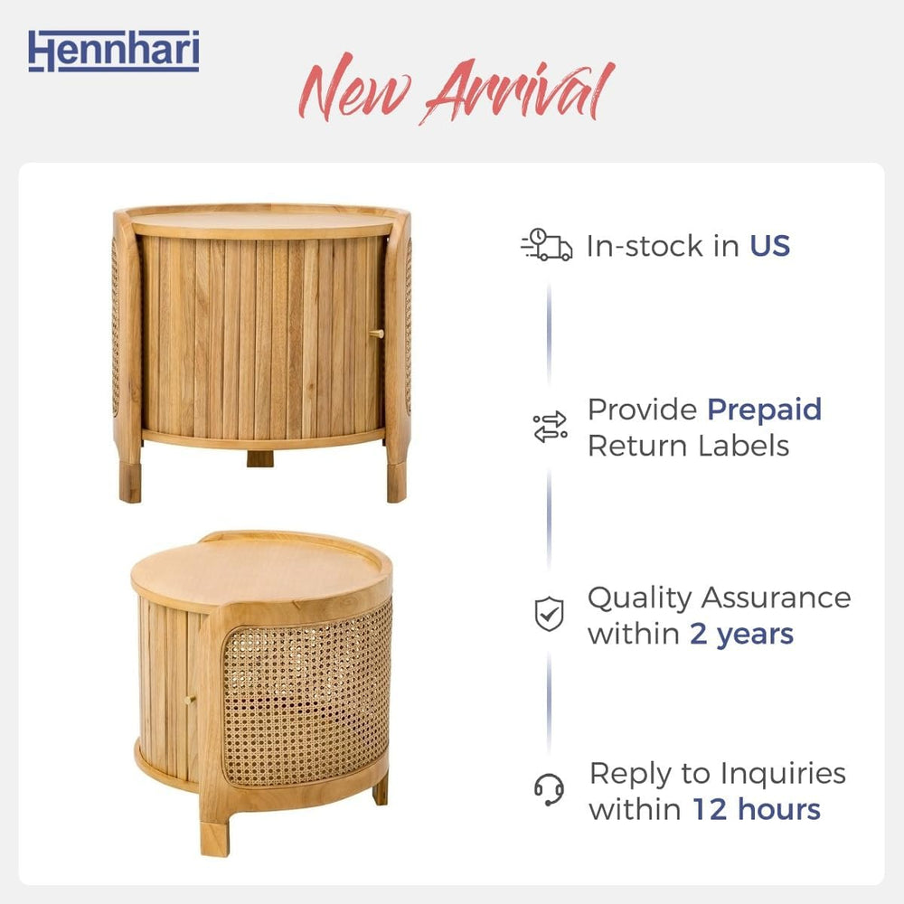 Acacia Wood Rattan Coffee Table, Side Table with Woven Cane Doors, Round End ...