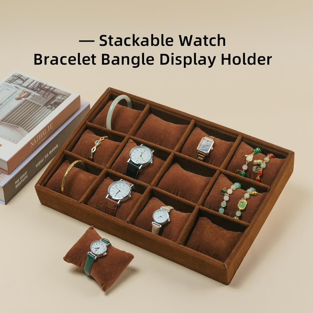 Jewelry Watch Tray, Coffee Velvet Watch Jewelry Organizer 12 Grid, Stackable Watch Bracelet Bangle Display Holder, Adjustable Pillows, for Man Woman Show Birthday