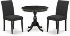 East West Furniture AMAB3-ABK-24 3 Piece Modern Dining Table Set Contains a Round Kitchen Table with Pedestal and 2 Black Color Linen Fabric Upholstered Chairs, 36x36 Inch, Wirebrushed Black