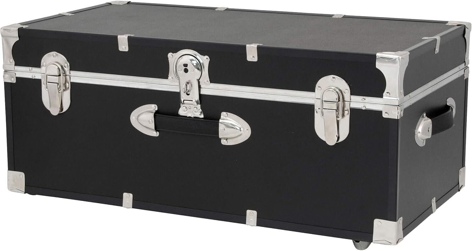 HomeStock Rustic Romance Heavy Duty 30" Under Bed College Storage Trunk with Lock, Latch Closure Type, 15.75" D x 30" W x 12.25" H, Ideal Camp Dorm Room Trunk Footlocker Black