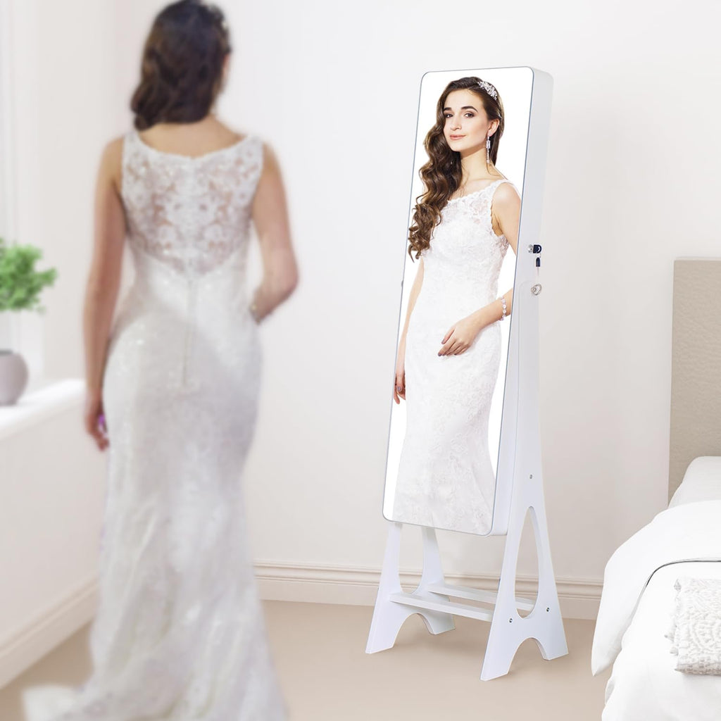 Full Length Mirror Jewelry Armoire Cabinet Standing Organizer | Lockable Jewelry Storage for Women Girl Full-Length Frameless LED Lights 6 Drawers White