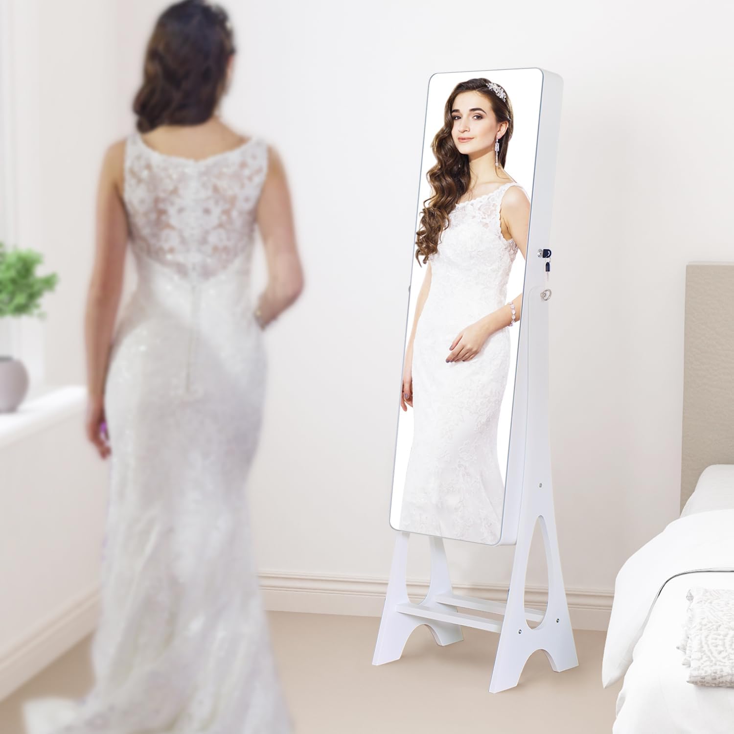 Full Length Mirror Jewelry Armoire Cabinet Standing Organizer | Lockable Jewelry Storage for Women Girl Full-Length Frameless LED Lights 6 Drawers White
