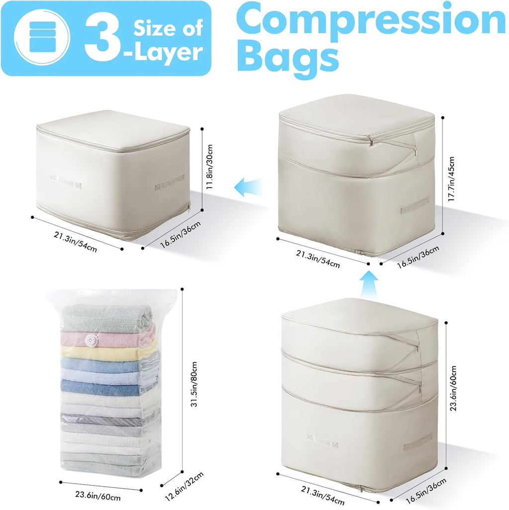 Comforter Storage Bag-Ultra Space Saving Large Self Compression Organizer for Comforters and Blanket,3-Layer Zipper Self-Compressing Organizer for Storage Bedding. (Beige, 2 Pack)