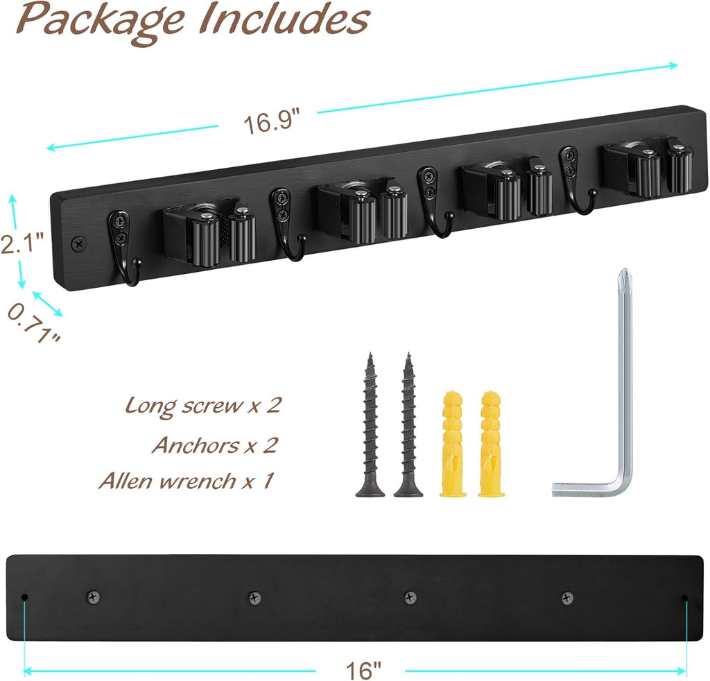 Black Mop Broom Holder Wall Mount with 4 Slots & 4 Hooks - Rustic Wood Broom Mop Hanger for Pantry Closet Laundry Room Organization - Heavy Duty Garden Tool Organizer - Black Kitchen Decor