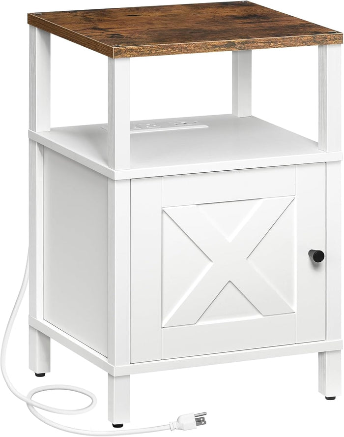 MAHANCRIS Farmhouse Nightstand with Charging Station, White Night Stand End Table with USB Ports, Barn Door Bedside Table with Storage Cabinet, Modern Side Table for Bedroom, Small Space, Rustic Brown
