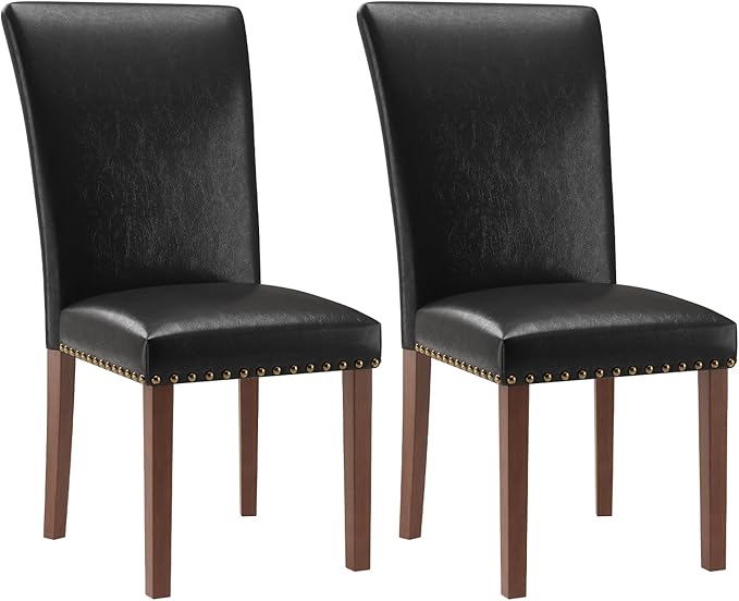 Stylish Dining Chairs Set of 2, Upholstered Parsons Dining Room Chair with Nailhead Trim, Kitchen Room Chair with Thick Cushions and Wood Legs, Nailhead Trim, Black Leather