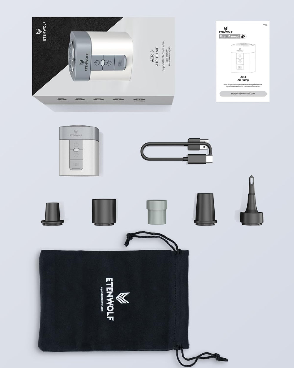 ETENWOLF AIR 3 Air Pump for Inflatables with 2600mAh Battery& Camping Light