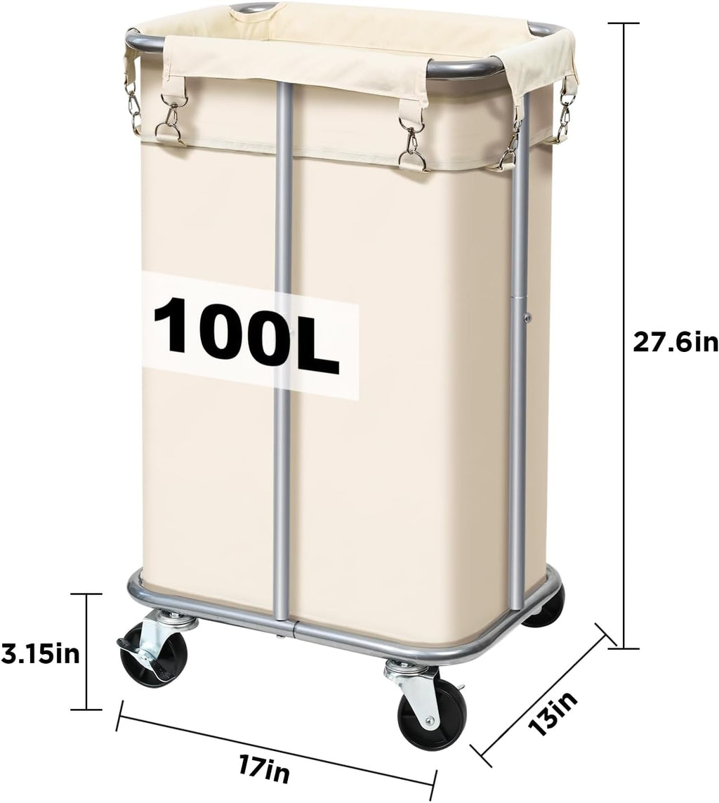 Laundry Basket with Wheels, Rolling Laundry Hamper with Removable Bag, 100L Laundry Sorter Cart, Tall Narrow Slim Clothes Hamper Organizer with Sturdy Metal Frame, Beige