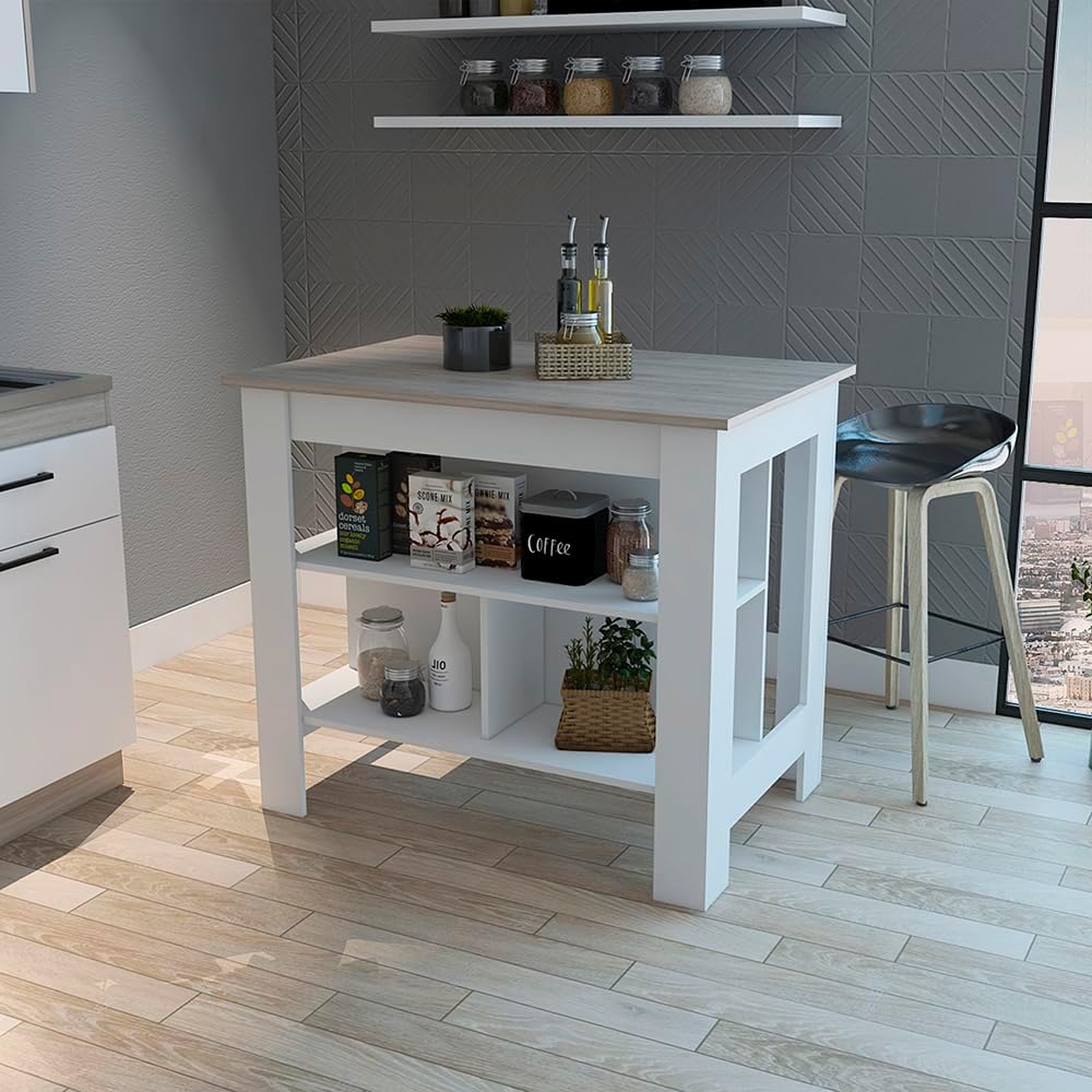 Kitchen Island with Three Shelves Light Gray/White Finish | Tabletop with sil...