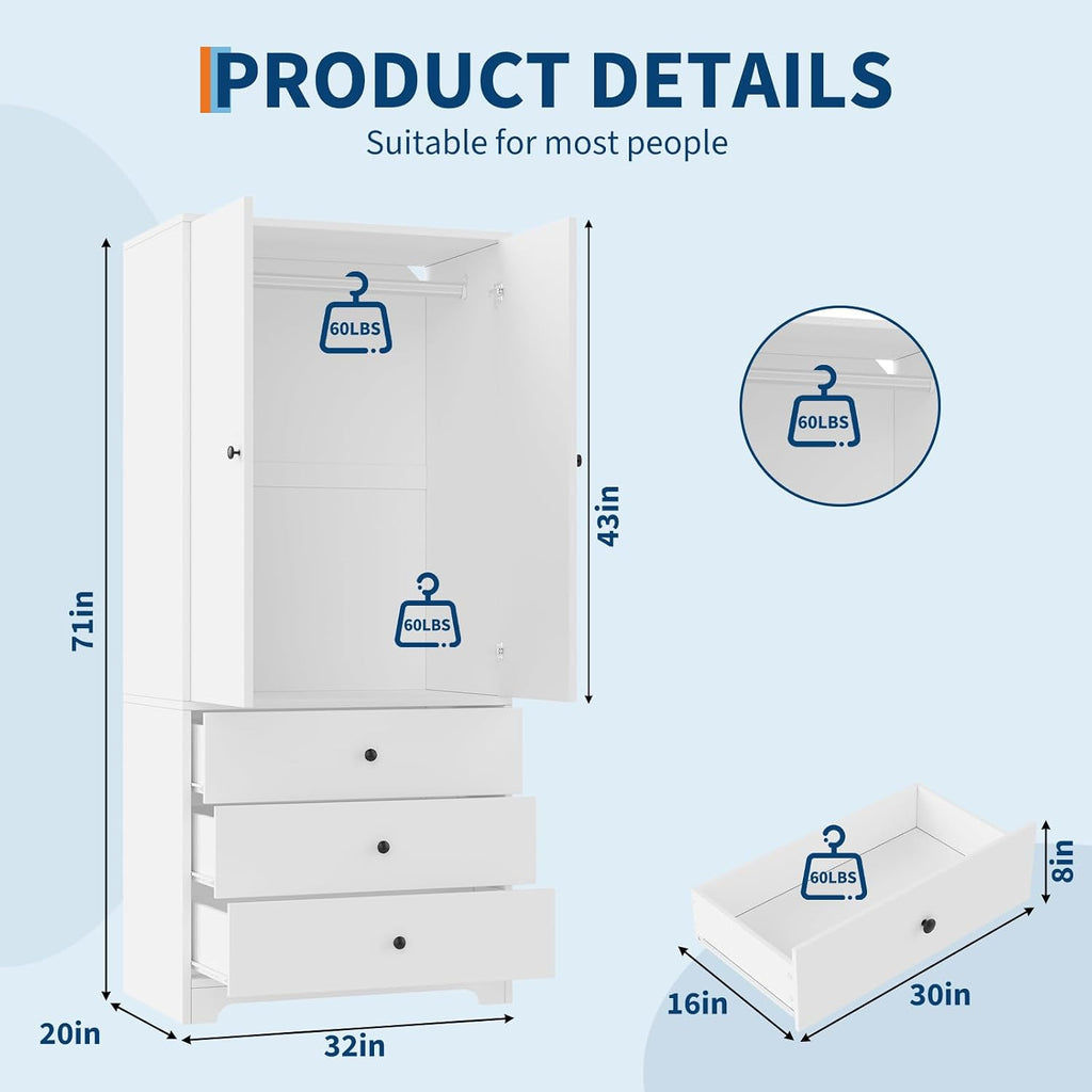 71" Armoire Wardrobe Closet, Bedroom Armoire Clothing Storage Cabinet | 3 Drawers & 2 Doors and Adjustable Shelves Modern Wooden with Aluminum Hanging Rod, Locker