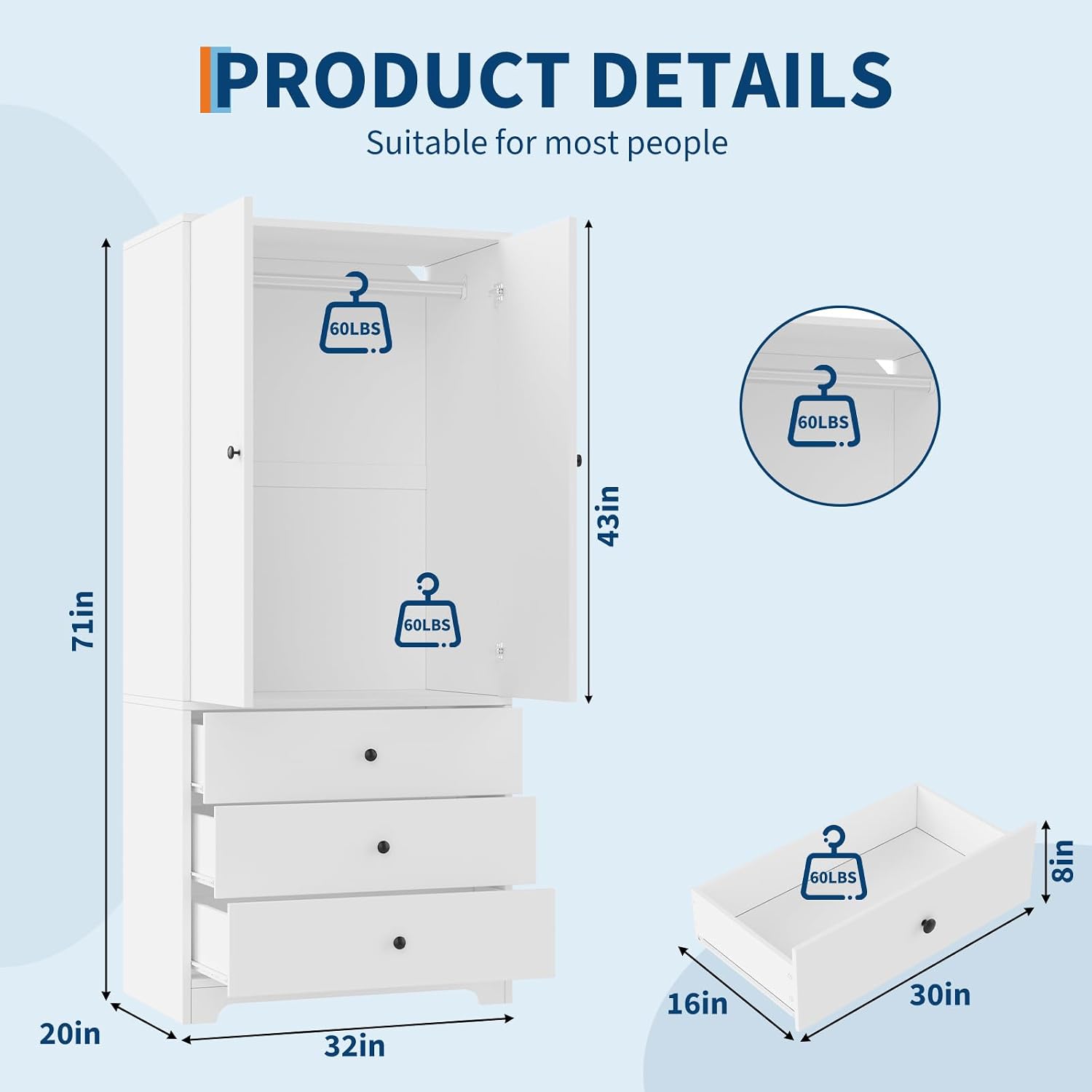 71" Armoire Wardrobe Closet, Bedroom Armoire Clothing Storage Cabinet | 3 Drawers & 2 Doors and Adjustable Shelves Modern Wooden with Aluminum Hanging Rod, Locker