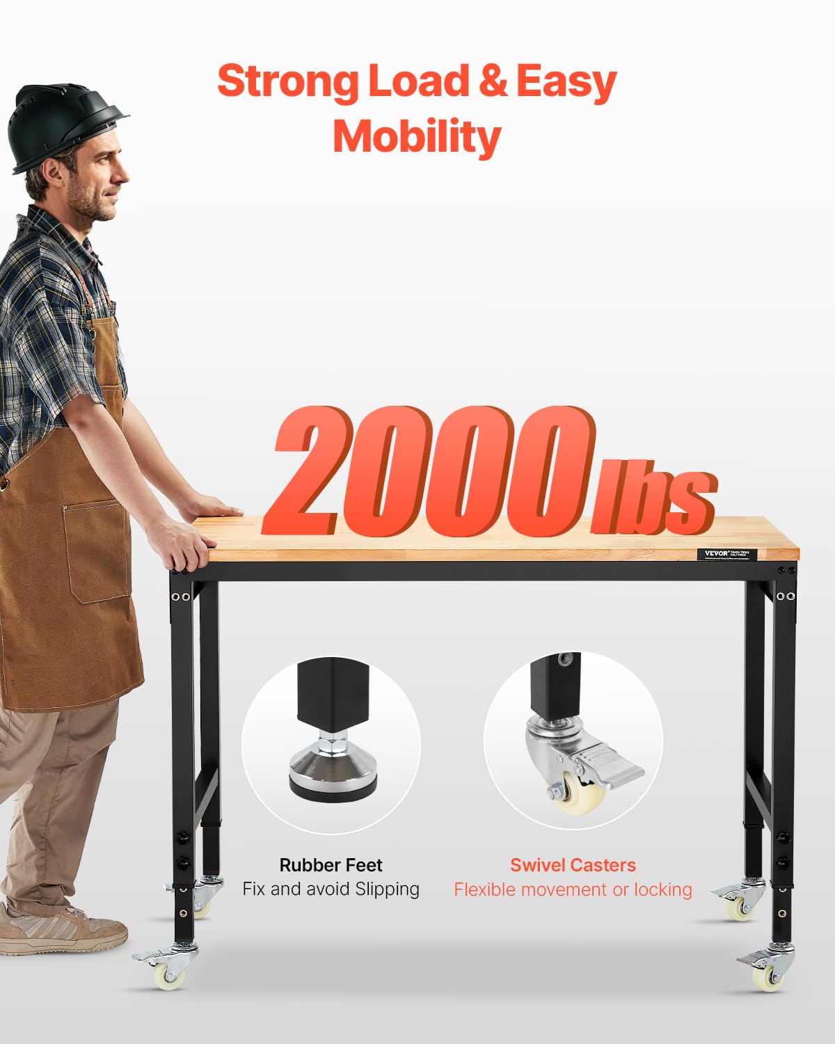 VEVOR Adjustable Workbench, 48-Inch Work Bench with Power Outlet, Wheels, and Pegboard, 2000 lbs Load Heavy Duty Oak Wood Top Work Table for Garage, Workshop, Office, and Home
